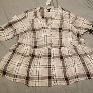 Grey & Gold-Tone Plaid Twill Babydoll Shirt